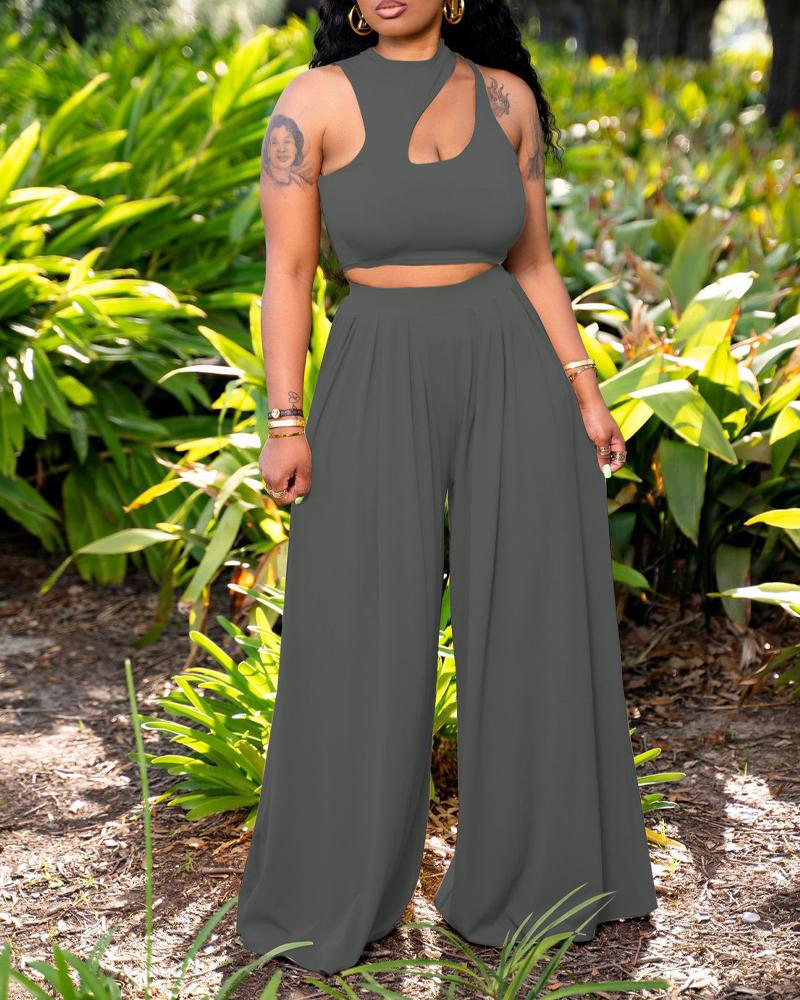 

Cutout Crop Tank Top & Wide Leg Pants Set, Black