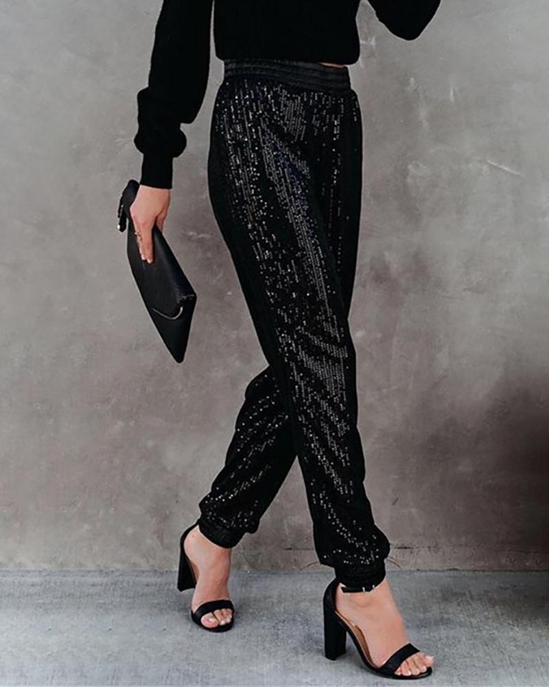 

Pocket Design High Waist Sequins Pants, Black