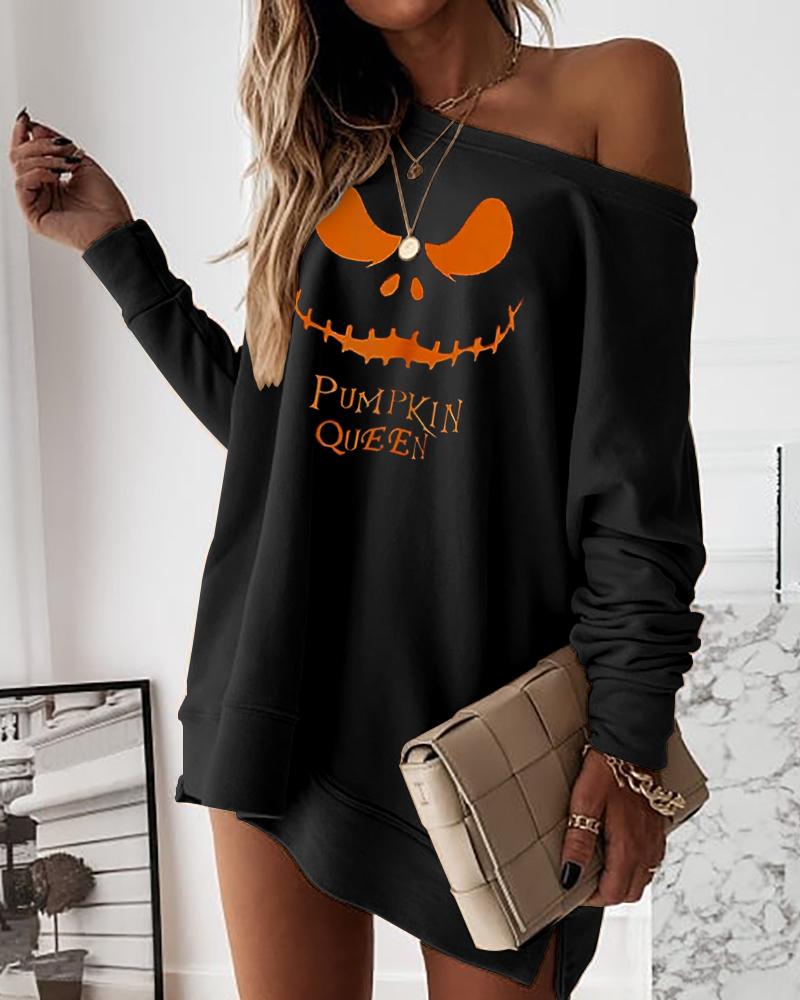 

Halloween Letter Print Casual Sweatshirt Dress, Black