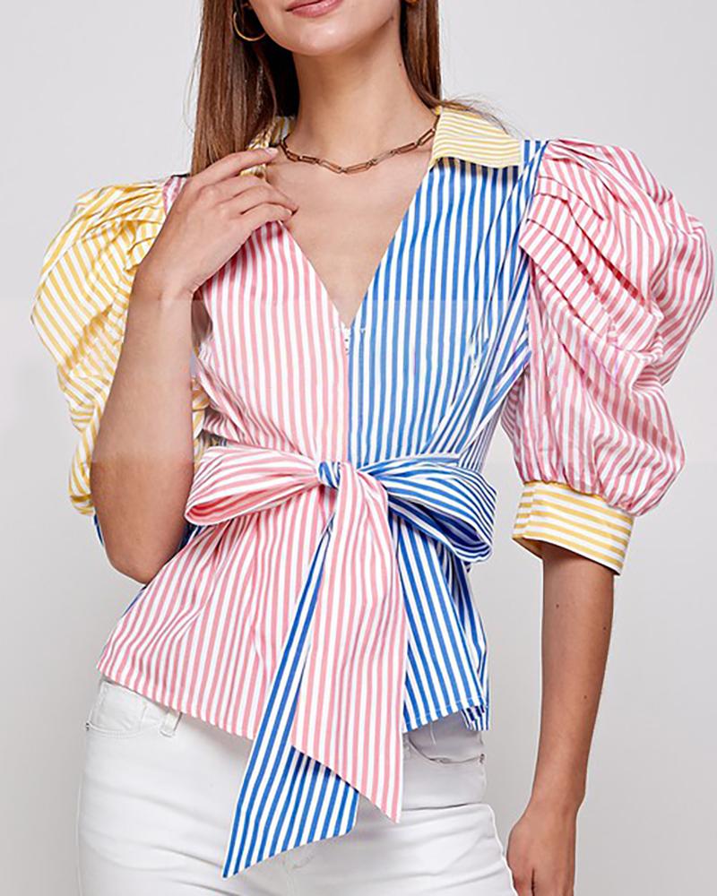 

Striped Print Colorblock Puff Sleeve Shirt, Multicolor