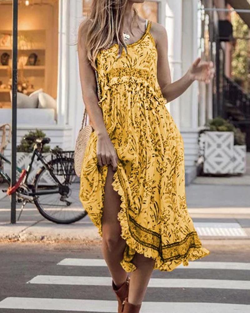 

Boho Style Floral Print Sling Mixi Dress, Yellow