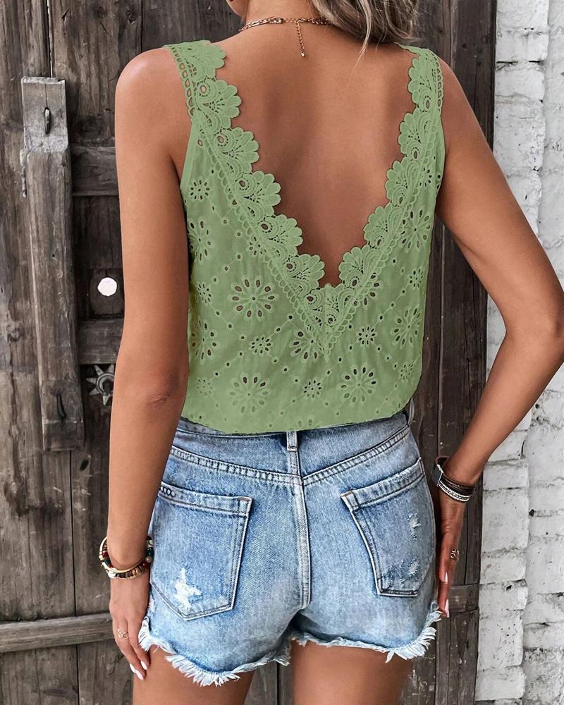 

Eyelet Embroidery Backless Guipure Lace Tank Top, Green