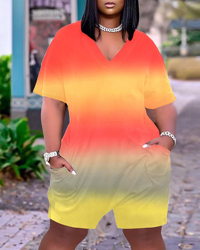 

Ombre Colorblock Pocket Design Short Sleeve Casual Romper, Orange