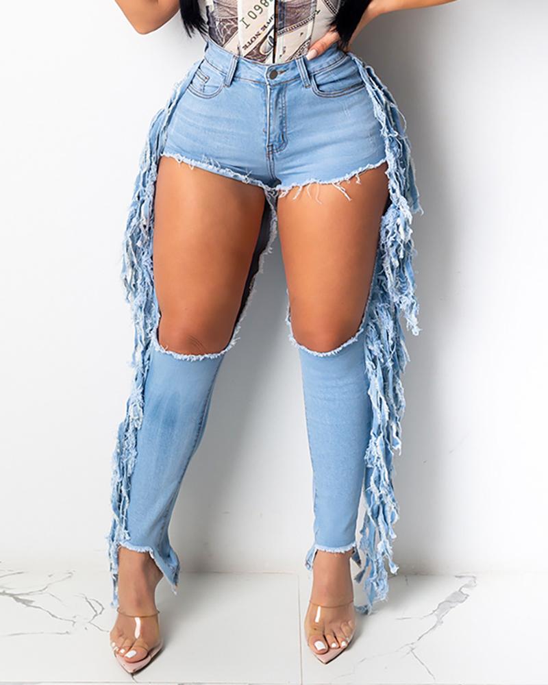 

Cutout Tassel Design Buttoned Pockets Denim Pants, Blue