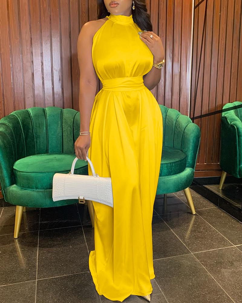 

Wide Leg Sleeveless Mock Neck Satin Jumpsuit, Yellow