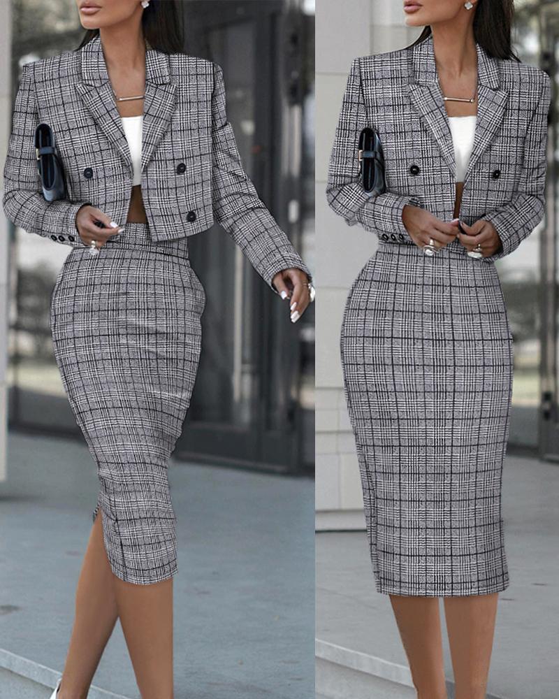 

Plaid Print Blazer Coat & Slit Skirt Set, Black