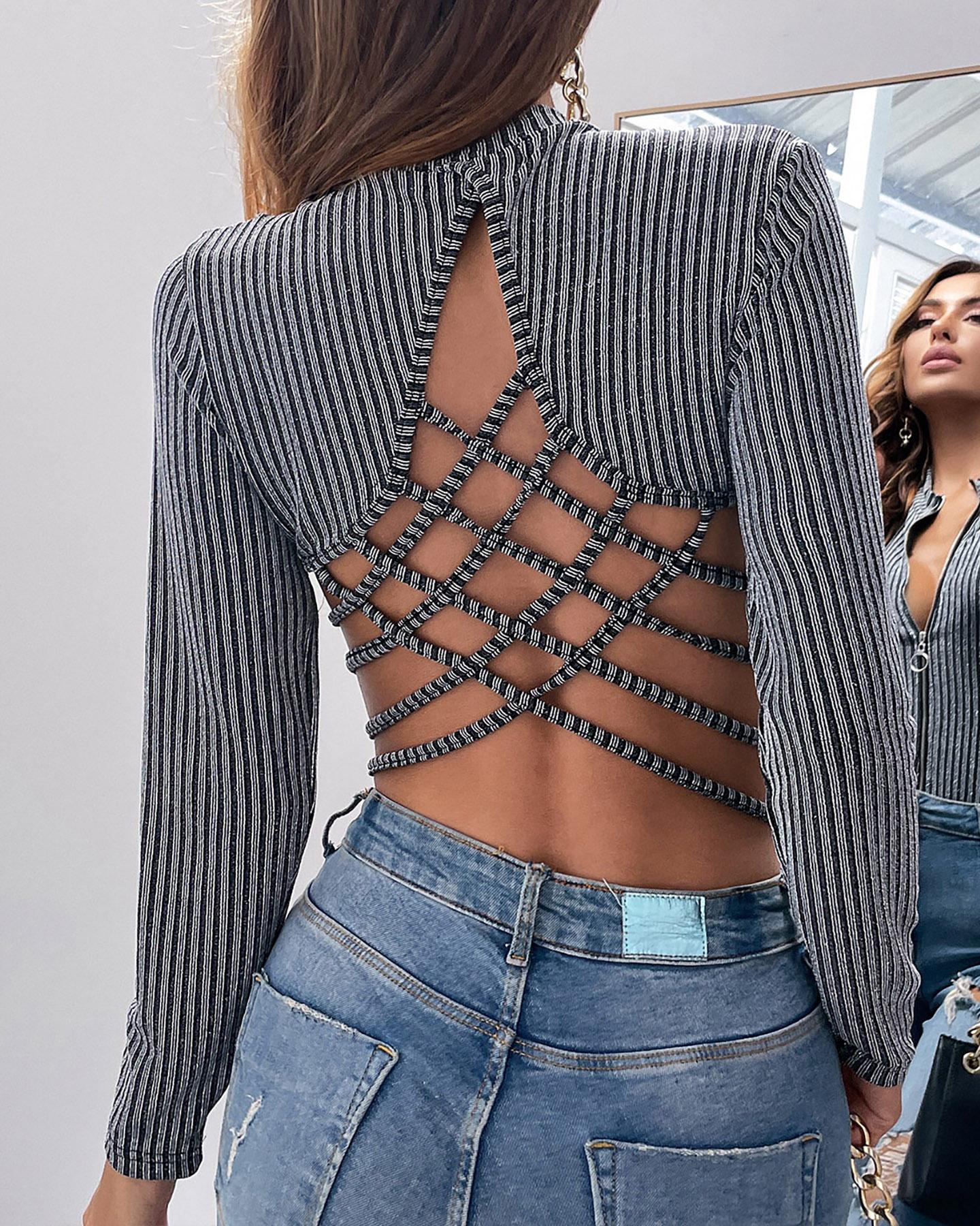 

Cutout Backless Zipper Design Top, Dark grey