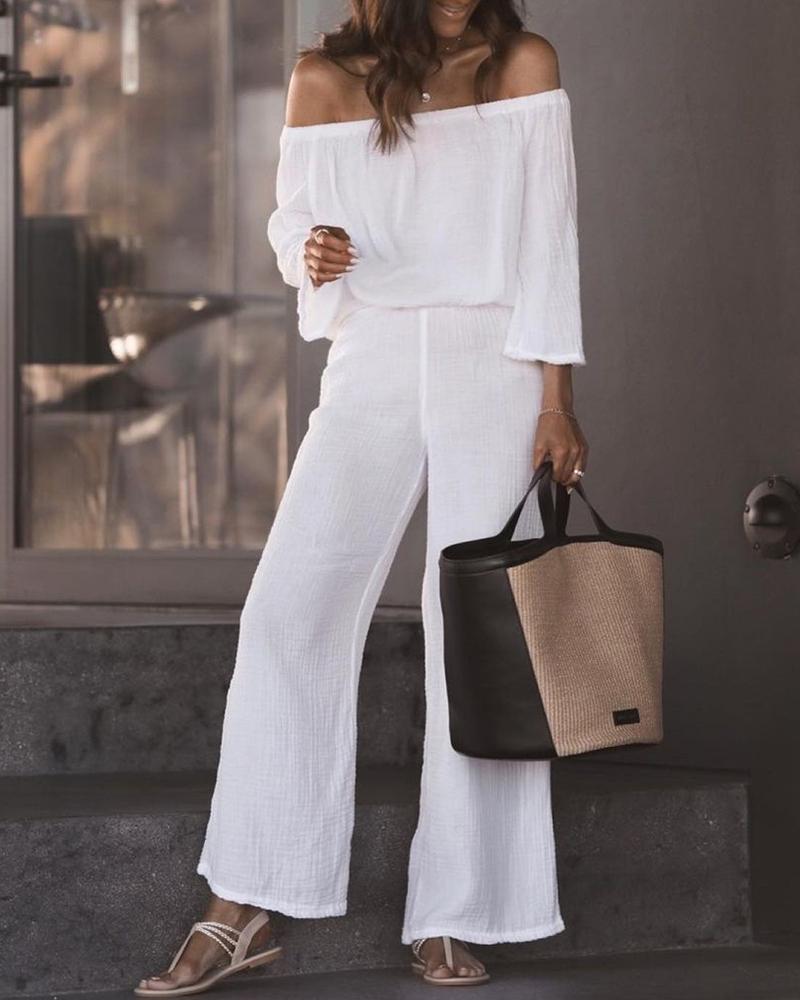 

Off Shoulder Top & Wide Leg Pants Set, White