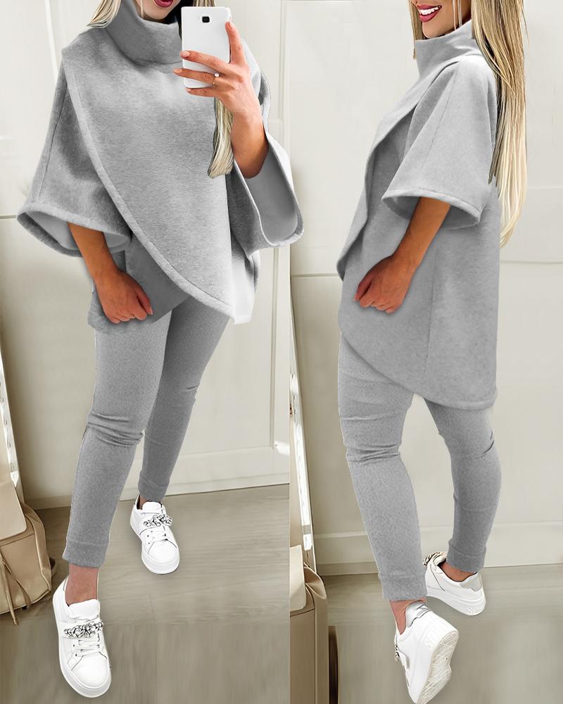 

High Neck Three Quarters Overlap Top & Pants Set, Gray