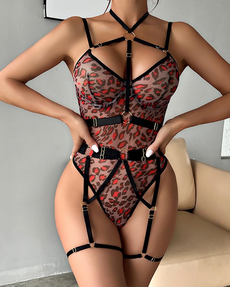 

Leopard Print O-Ring Bandage Halter Teddy, Red