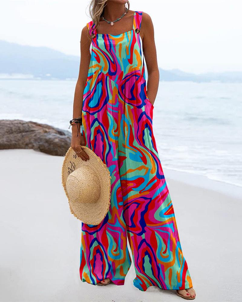 

Multi-Color Abstract Print Wide Leg Suspender Jumpsuit, Hot pink