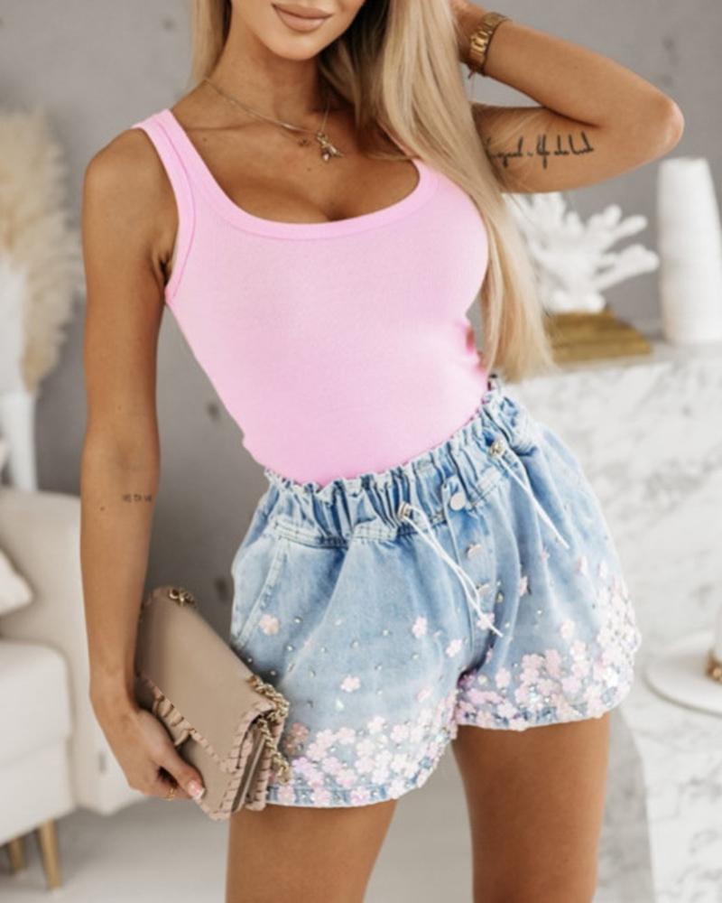 

Floral Pattern Drawstring Denim Shorts, Lighted blue