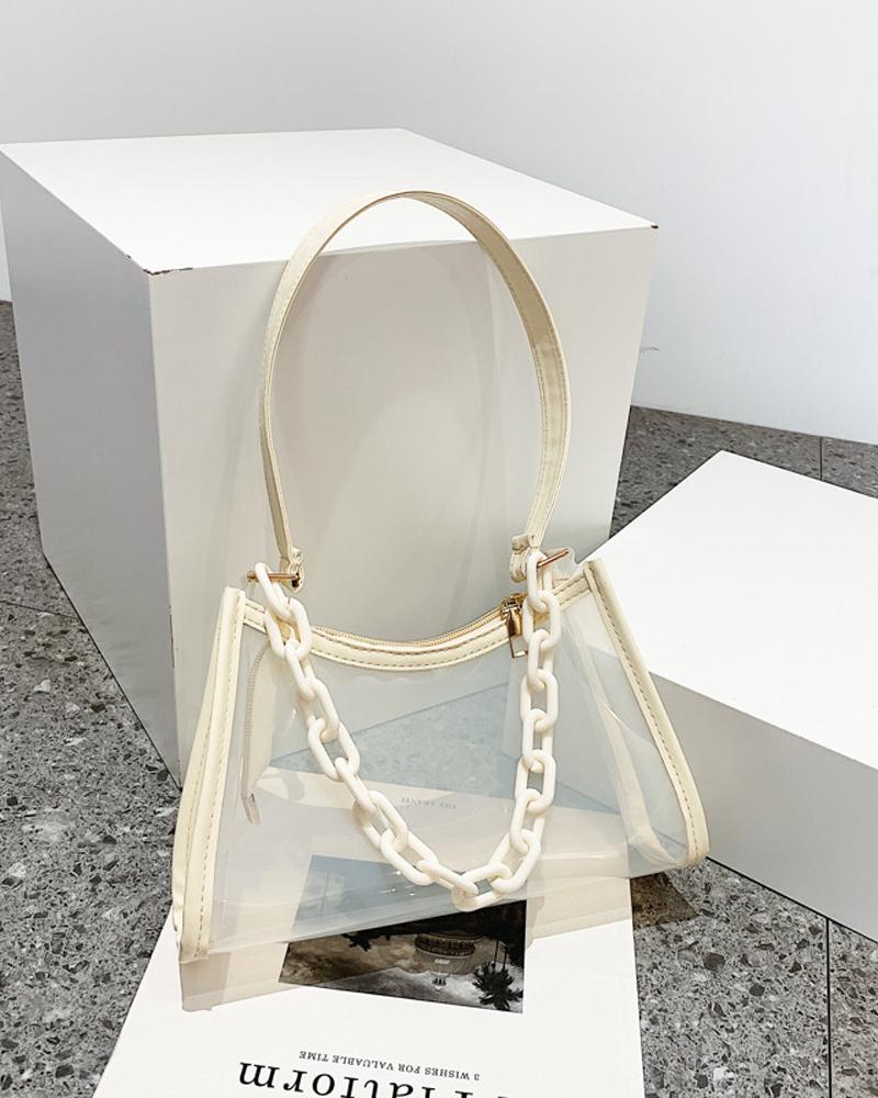 

Chain Decor Clear Baguette Bag, Beige