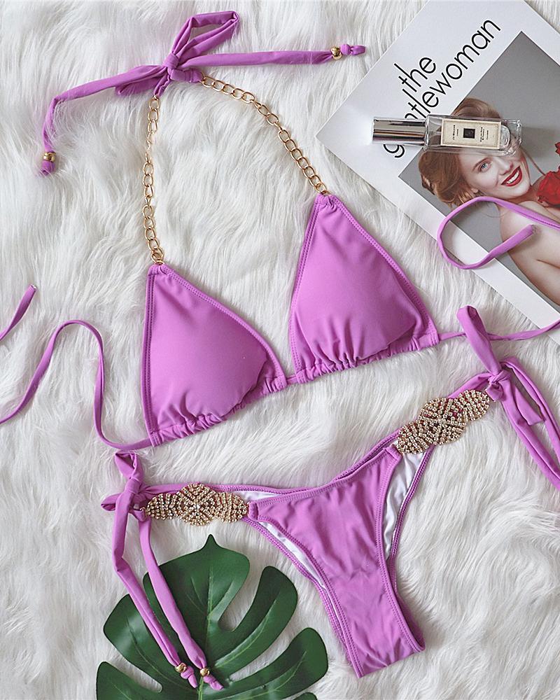 

Sleeveless Tied Detail Rhinestone Decor Bikini Set, Purple