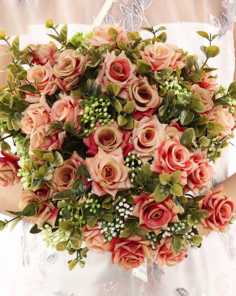 

Silk Rose Bouquets Artificial Flowers For Wedding Home Party Decor, Wine red