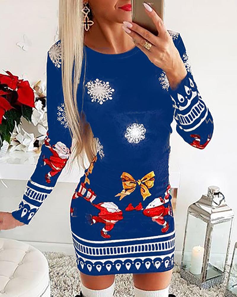 

Christmas Mixed Print Long Sleeve Dress, Blue