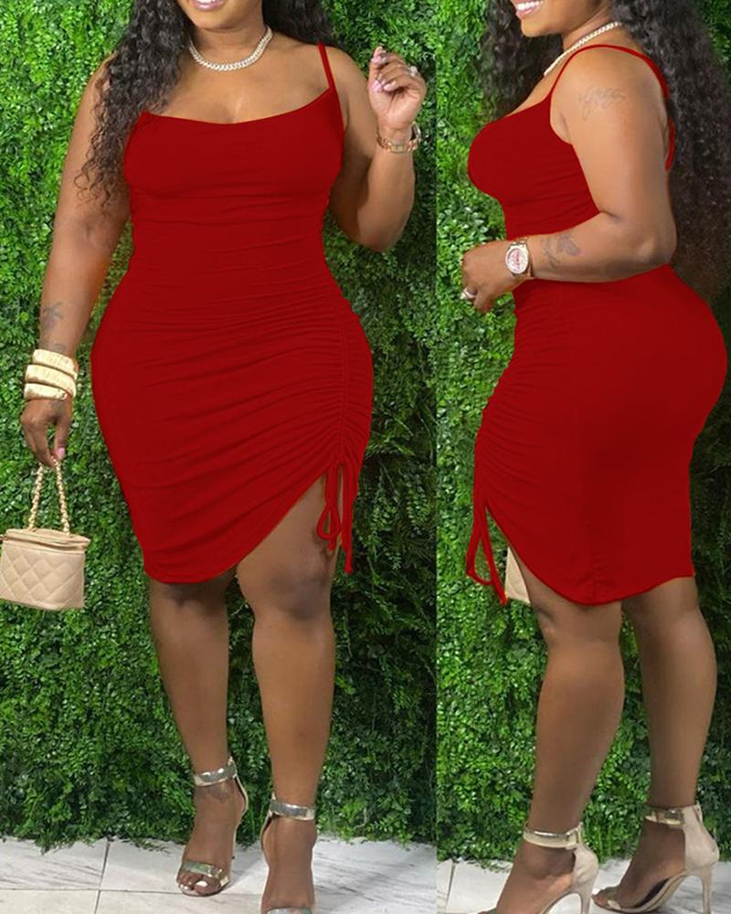 

Plain Square Neck Drawstring Ruched Cami Bodycon Dress, Wine red