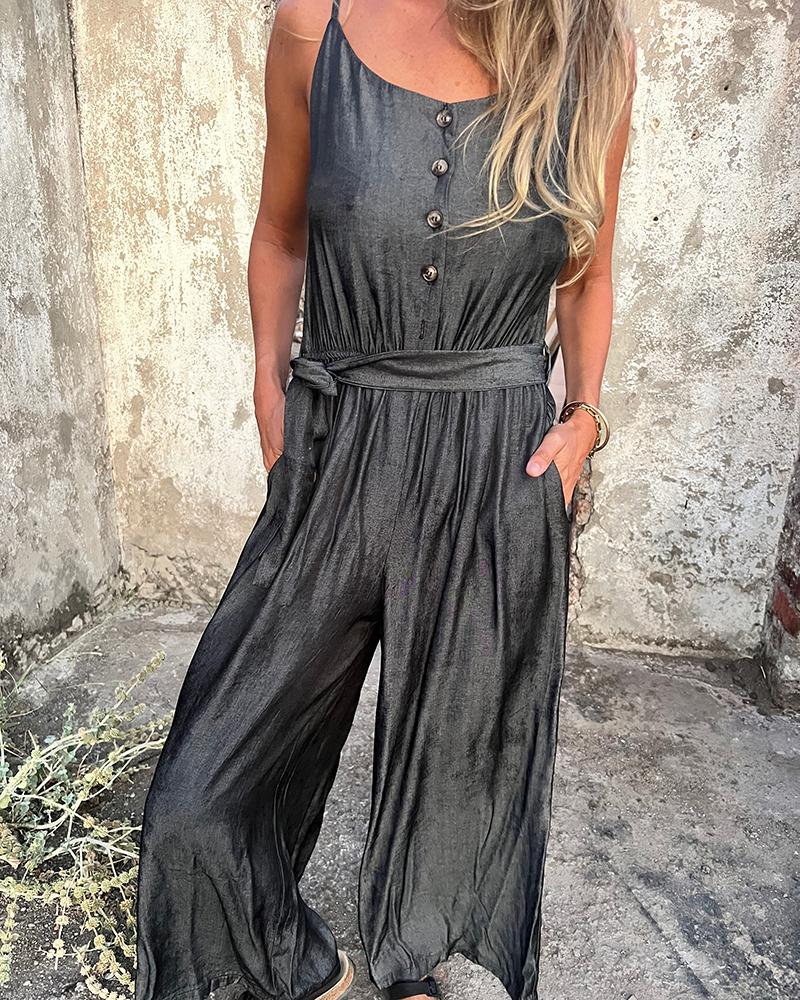 

Buttoned Pocket Design Suspender Jumpsuit, Black
