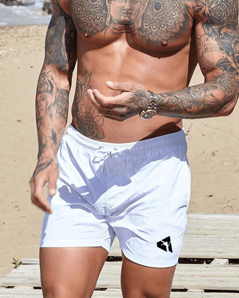 

Solid Logo Print Loose Elastic Waist Shorts, White