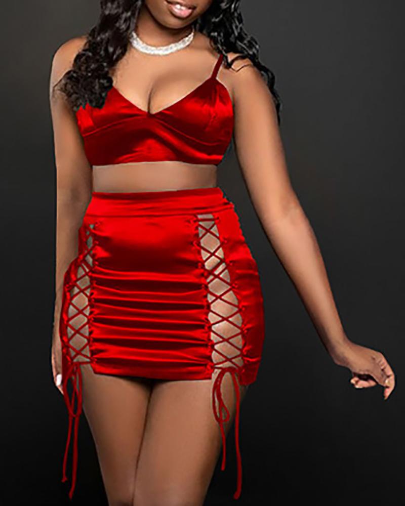 

V-Neck Sleeveless Crop Top & Lace-up Skirt Set, Red