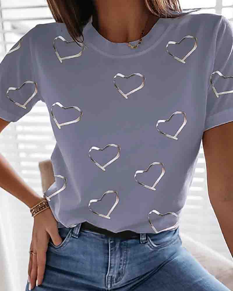 

Graphic Heart Print Round Neck Tops Cotton Basic T-shirt, Gray