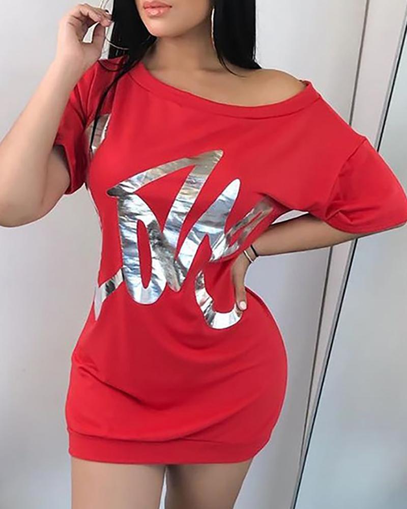 

Letter Print Round Neck Short Sleeve Top, Red