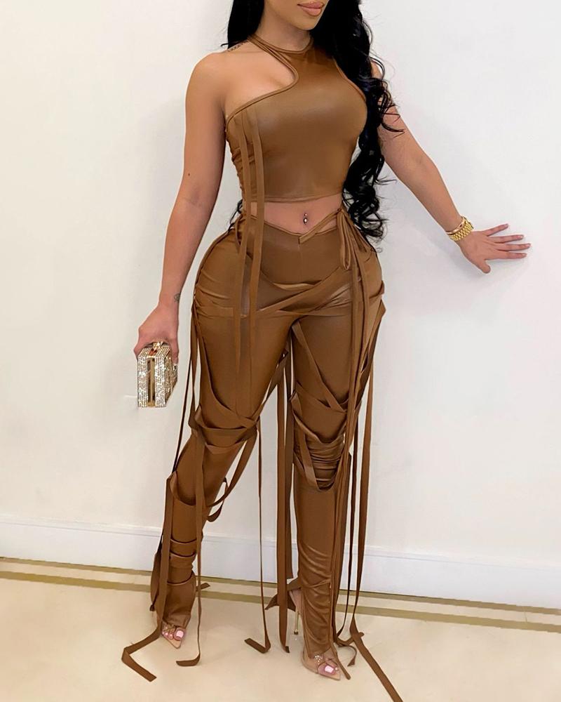 

PU Leather Strappy Skinny Women Top & Pants Set, Coffee