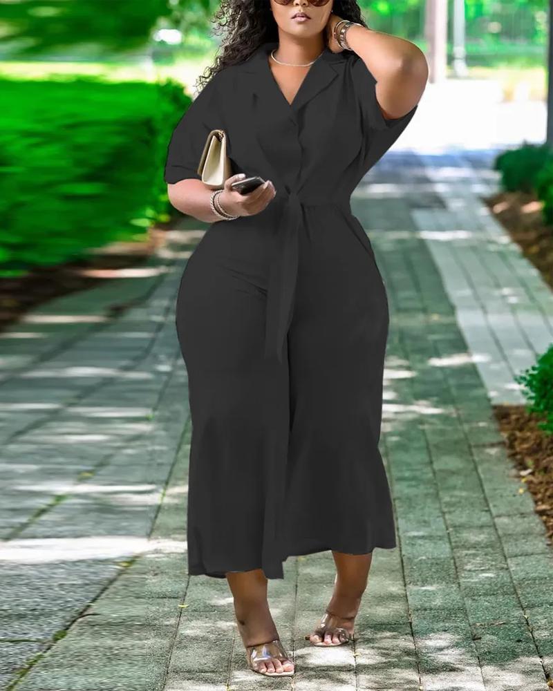 

Knot Hem Button Front Top & Wide Leg Pants Set, Black