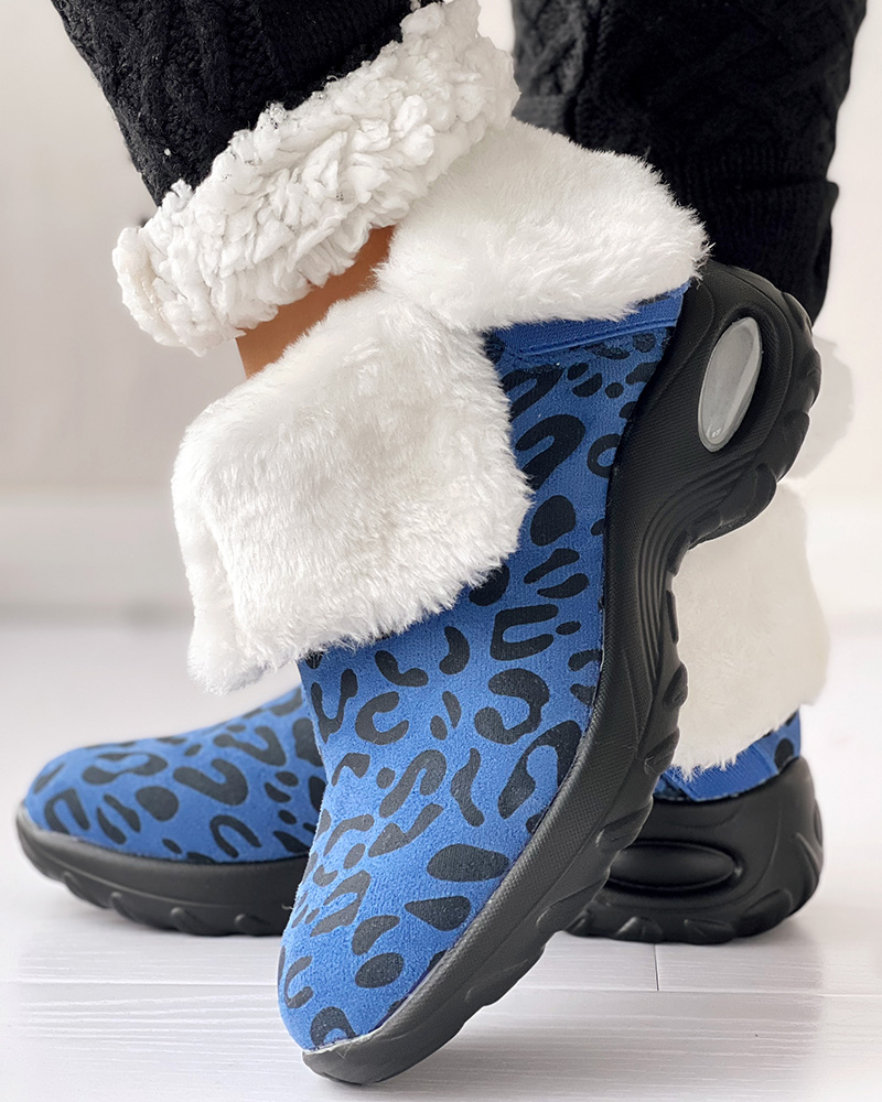 

Leopard Fuzzy Detail Lined Snow Boots, Blue