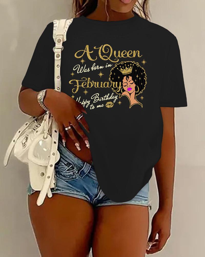 

Figure Happy Birthday Queen Letter Print Casual T-shirt, Black