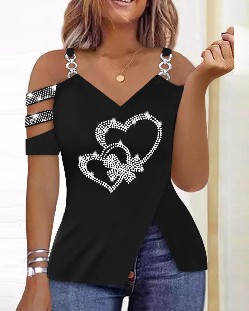 

Rhinestone Double Heart Pattern Slit Cold Shoulder Top, Black