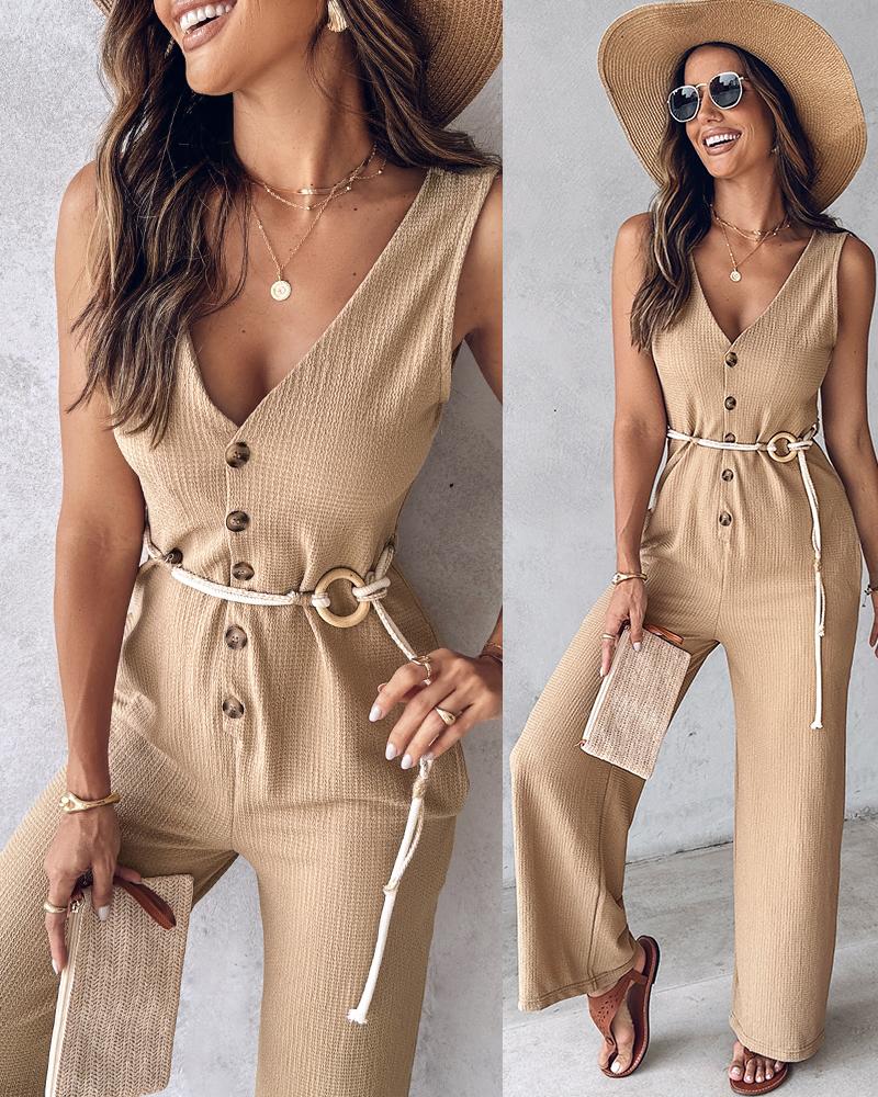 

Buttoned V-Neck Sleeveless Jumpsuit With Belt, Khaki