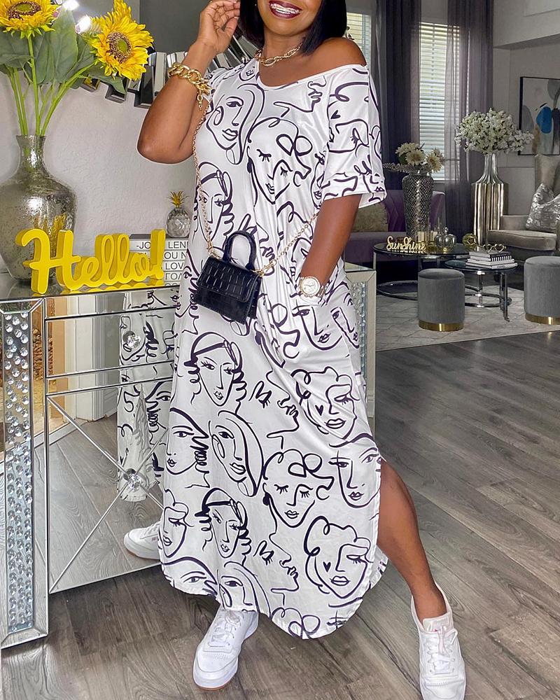 

Figure Print Pocket Decor Slit Maxi Dress, White