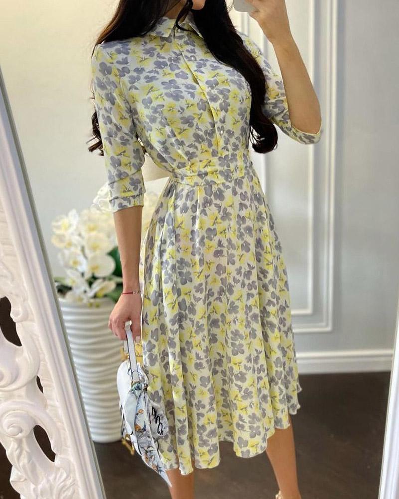 

Floral Print Button Design Shirt Dress, Yellow
