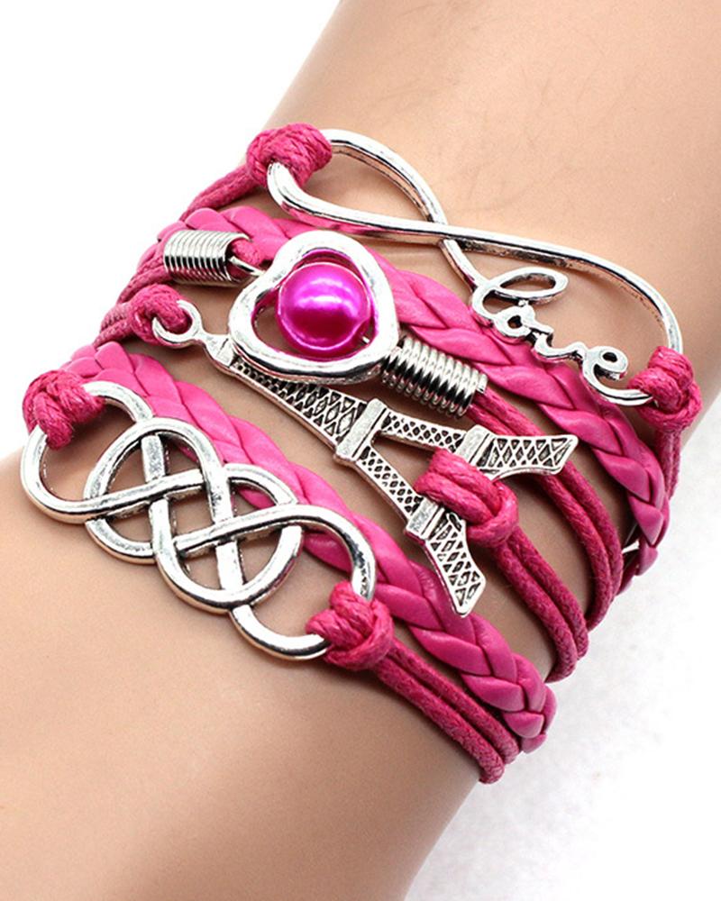

1pcs Multilayer Hollow Heart Faux Pearl Decor Eiffel Tower Love Letter Design Bohemian Braided Bracelet, Hot pink