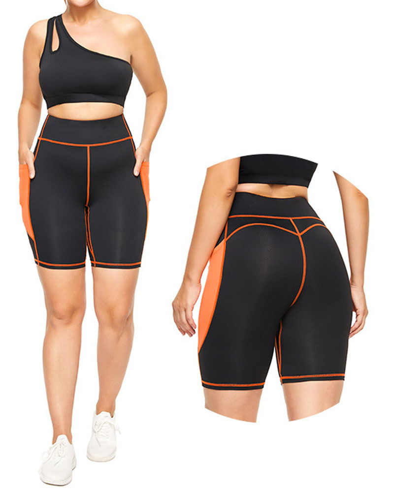 

Plus Size Contrast Stitching High Waist Butt Lift Active Shorts, Black