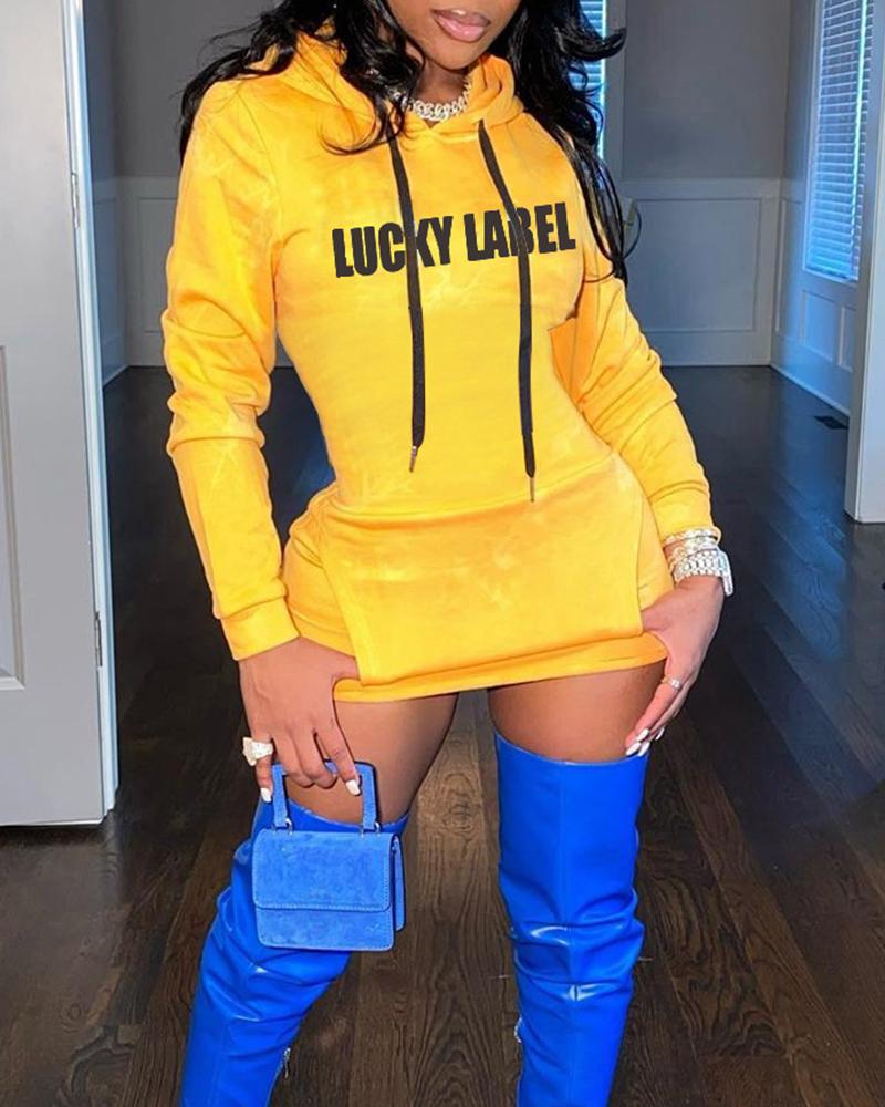 

Letter Print Long Sleeve Hoodies Sweatshirt Dress, Yellow