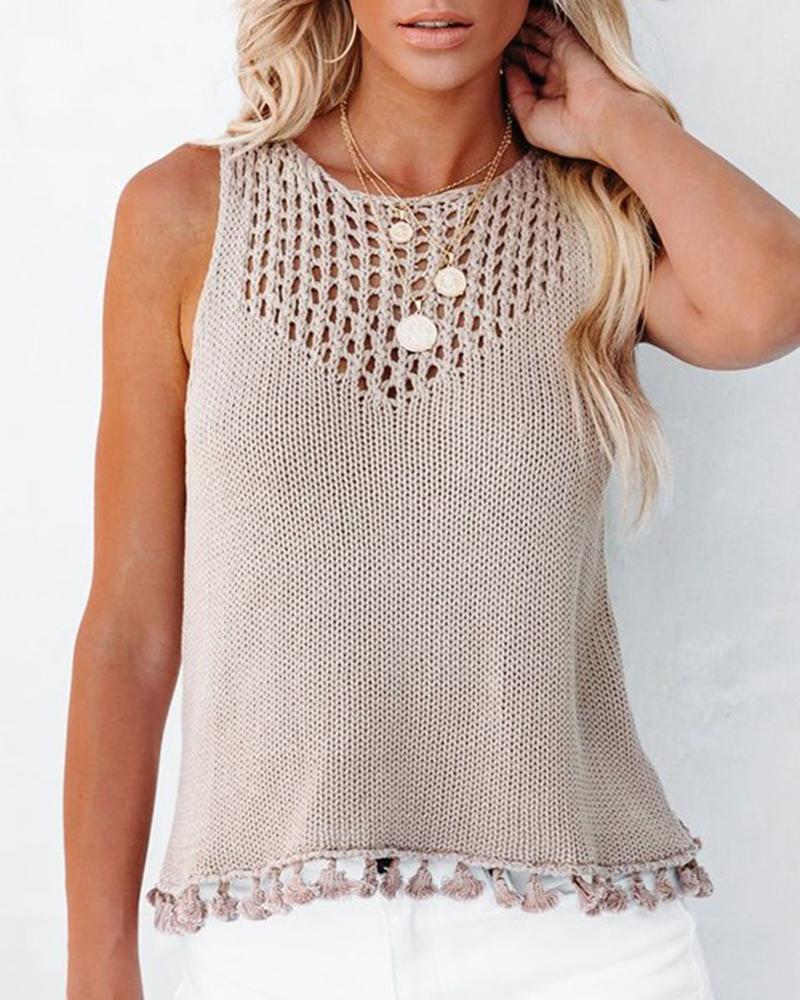 

Hollow Out Tassel Design Crochet Tank Top, Apricot
