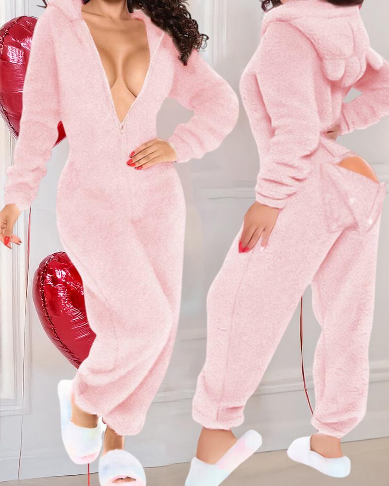 

3D Ear Buttoned Flap Functional Fluffy Lounge Jumpsuit, Pink