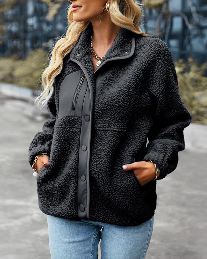 

Long Sleeve Pocket Zip Detail Teddy Coat, Black