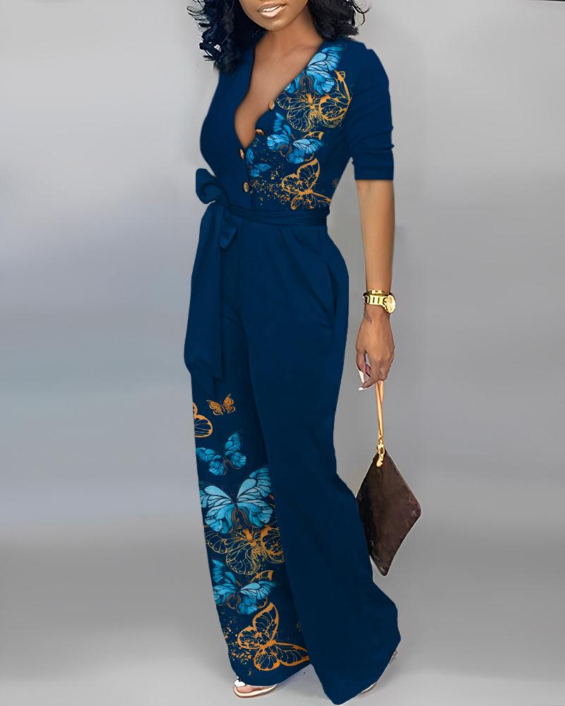 

Butterfly Print Pocket Decor Jumpsuit With Belt, Dark blue