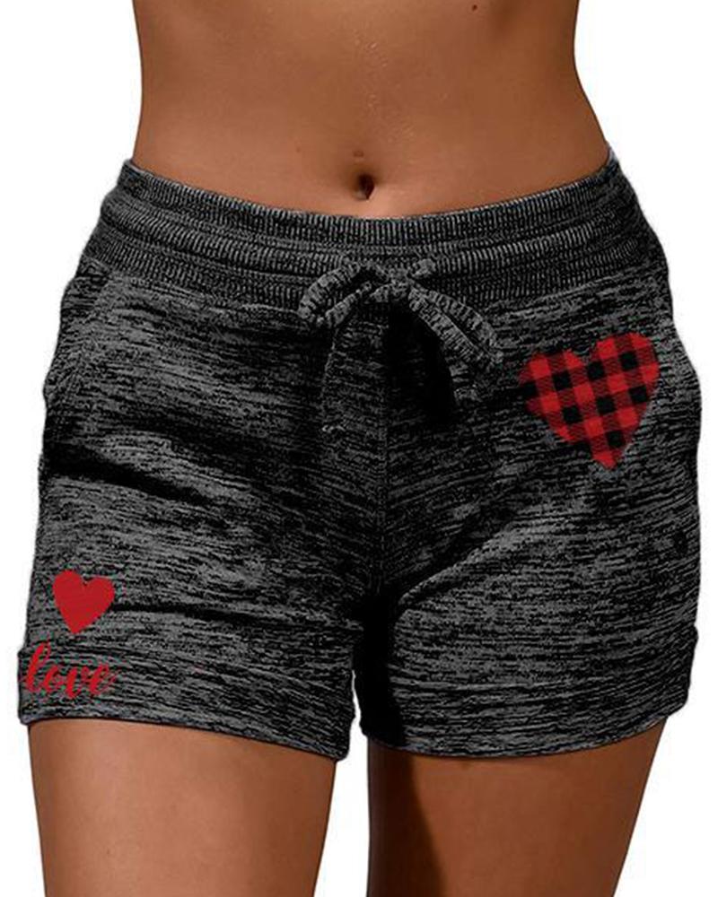 

Solid Color Splicing Heart Print Drawstring Short Pants, Black