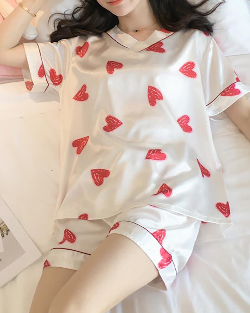 

Heart Print Contrast Binding Satin Pajama Set, White