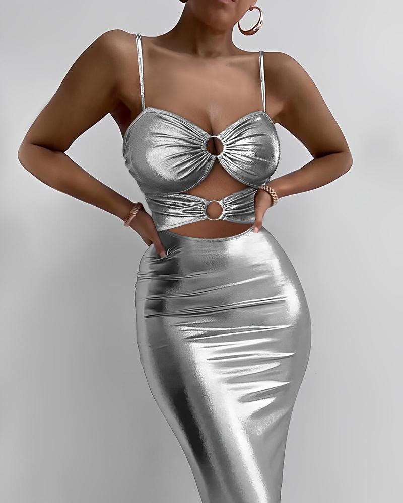 

O-Ring Decor Ruched Metallic Bodycon Dress, Silver