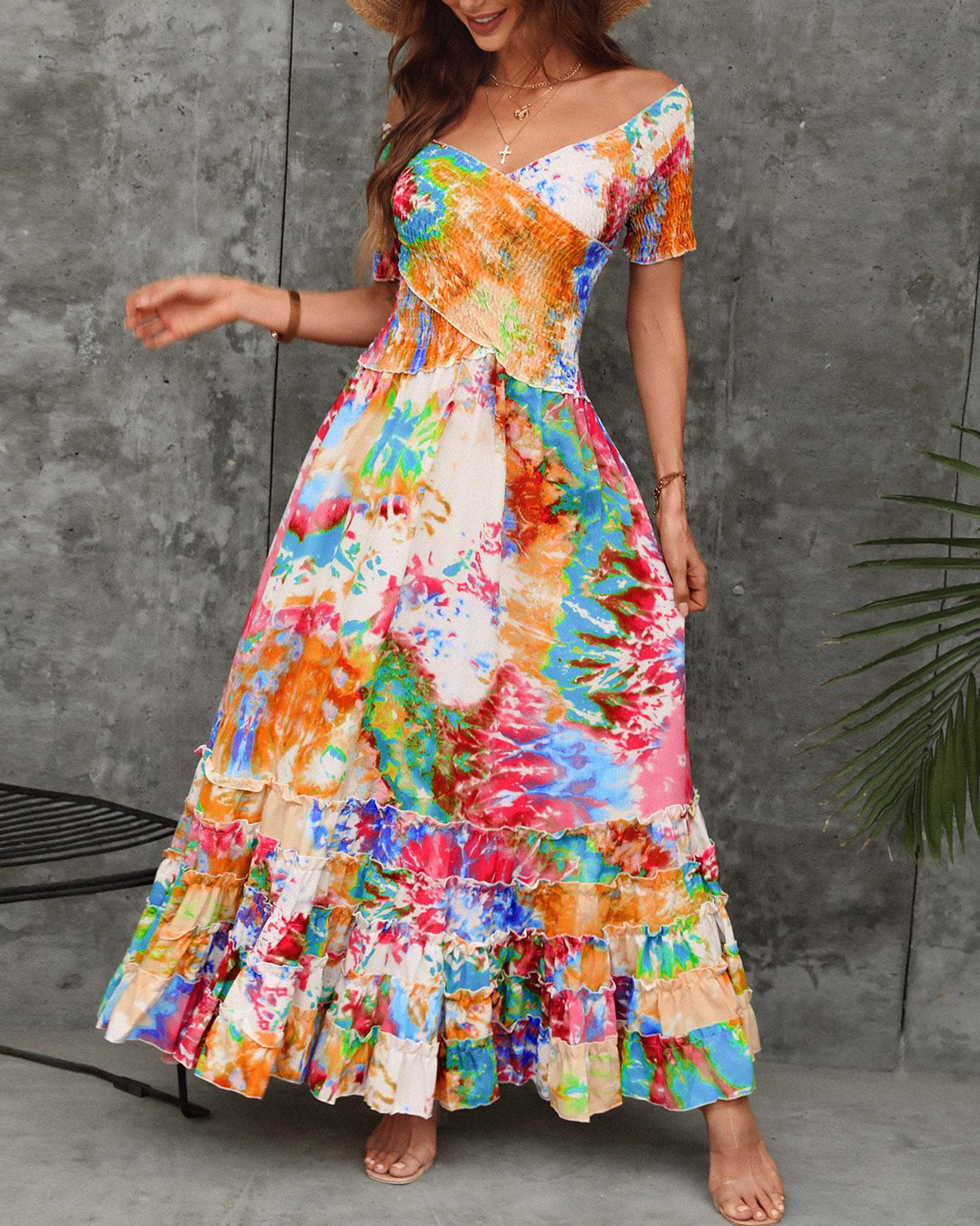 

Tie Dye Print Shirred Frill Hem Ruffles Maxi Dress, Multicolor