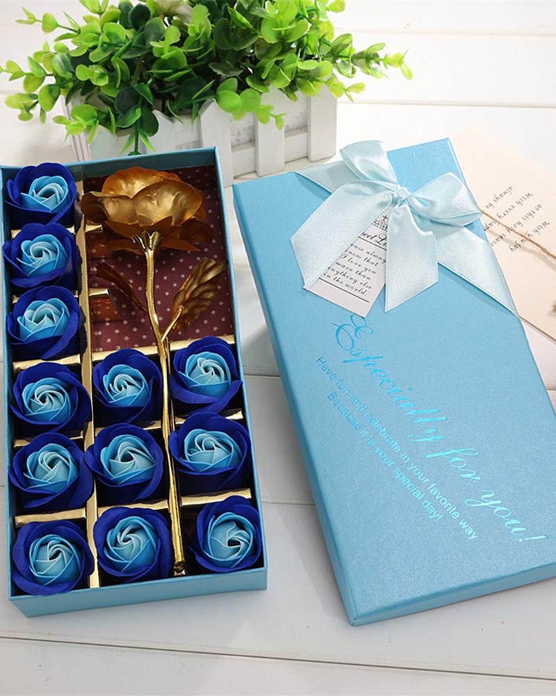 

1 Pack Mother's Day Couple Gift Simulated Rose Soap Golden Foil Flower With Box, Blue