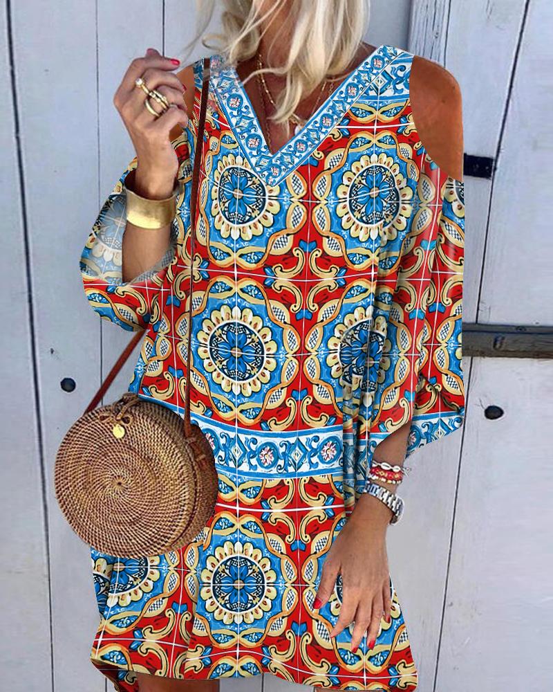 

Baroque Print Cold Shoulder Casual Dress, Multicolor