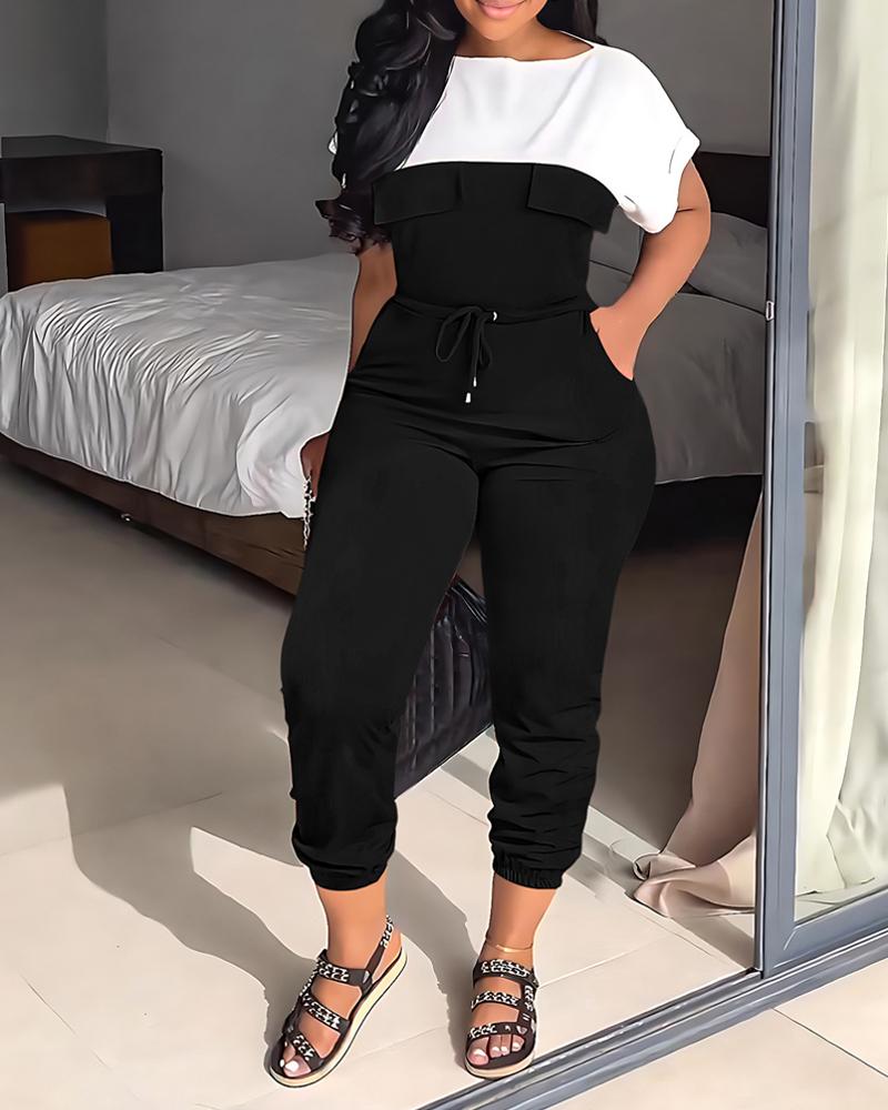 

Colorblock Boat Neck Drawstring Cuffed Jumpsuit, Black
