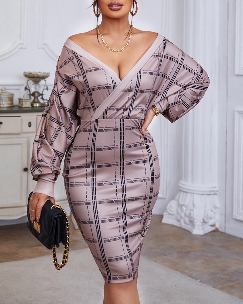 

V Neck Lantern Sleeve Striped Print Dress, Apricot