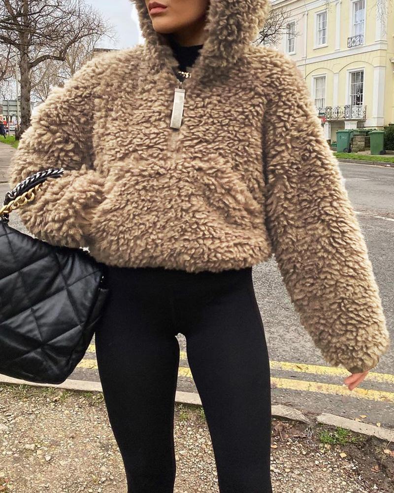 

Pocket Design Long Sleeve Hooded Teddy Top, Dark brown